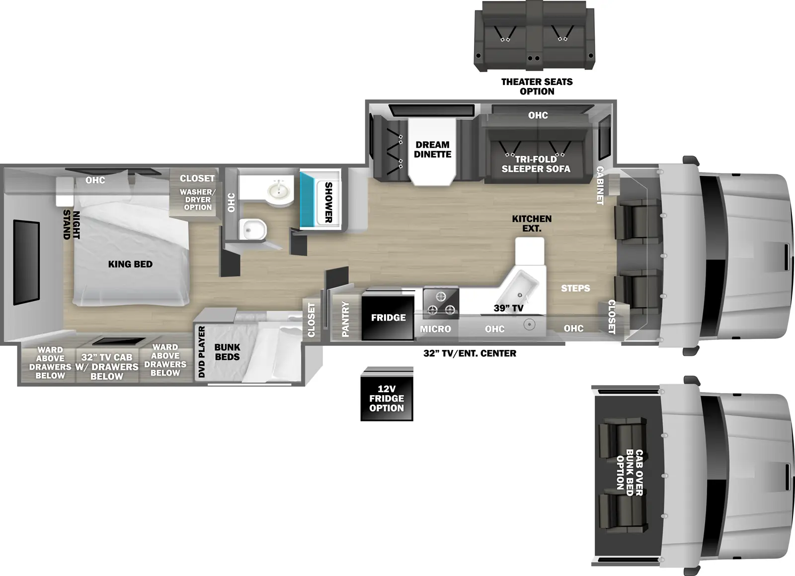 The DX3 37BD floorplan has one entry and two slide outs. Exterior features include: 13'6" awning and outside entertainment. Interiors features include: bunk beds, rear bedroom and bunk over cab.